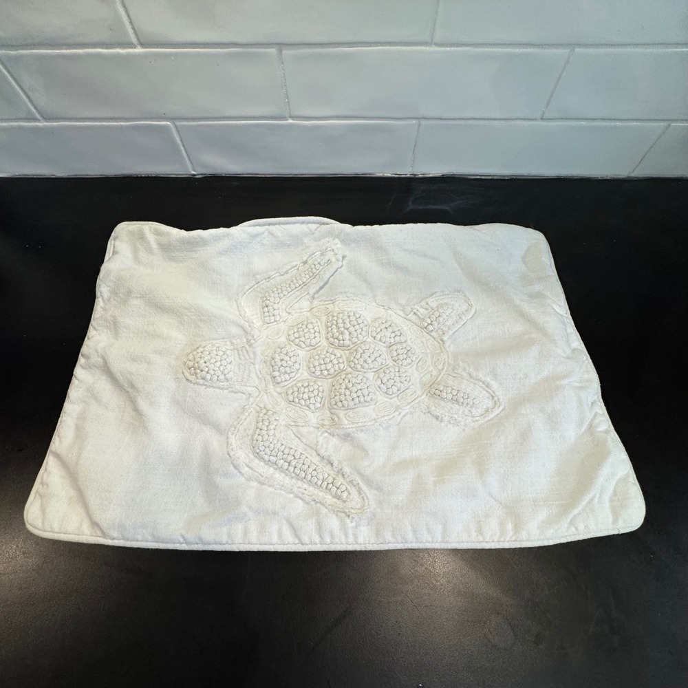 EnVogue Pillow Cover Home 14x20 White Embroidered Sea Turtle Coastal Decor
